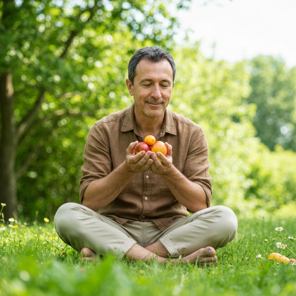 Person practicing mindful eating in nature